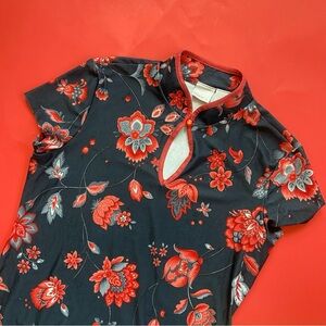 Vintage 90s Y2K Black & Red Floral Cut Out Short Sleeve Blouse
